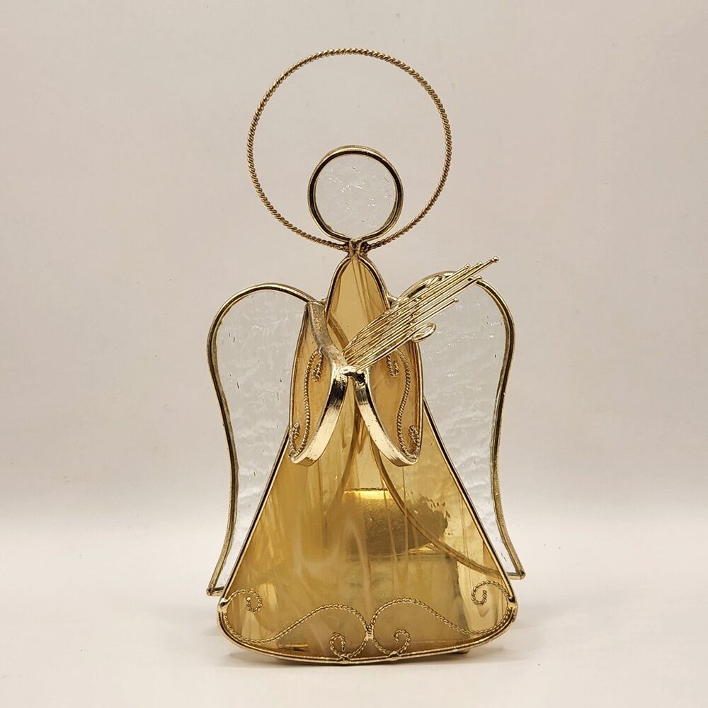 Stained Glass Gold Yellow Angel Tea Light Candle Holder 7.75" Harp Philippines